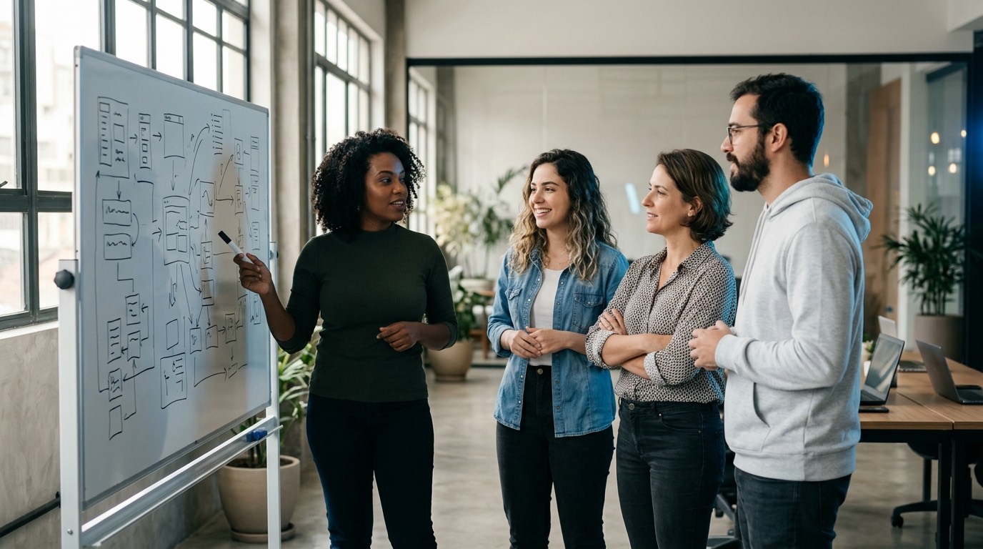 Equipe de desenvolvimento da TSN diante de um quadro branco com um diagrama de fluxo, uma pessoa apontando com o marcador