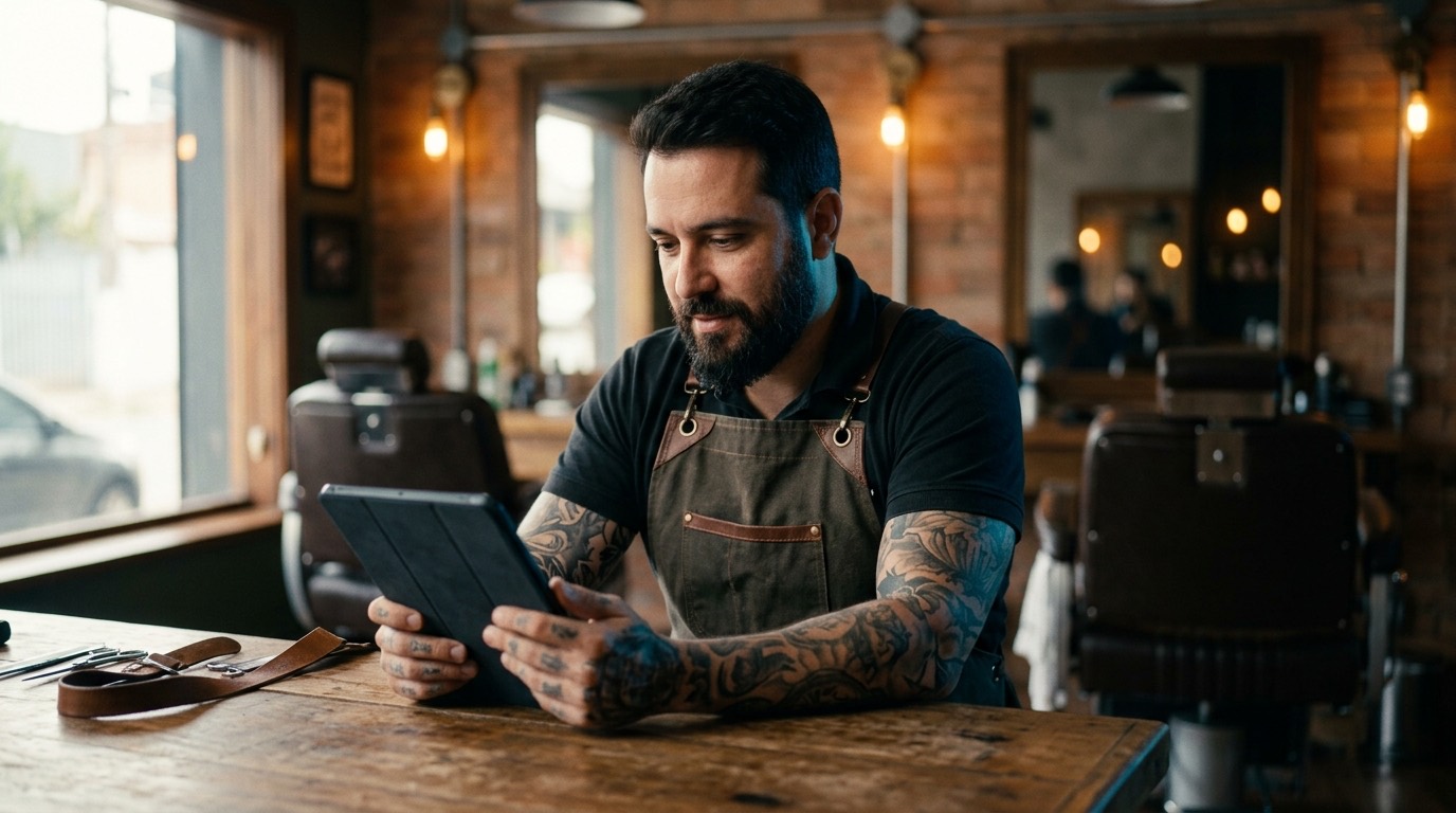 Dono de barbearia com avental conferindo um tablet no balcão de madeira, cadeiras e espelhos ao fundo